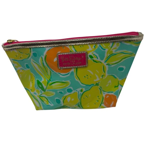 Lilly Pulitzer Estée Lauder Lemon Print Cosmetic Pouch Pink Zipper PVC - Picture 1 of 5